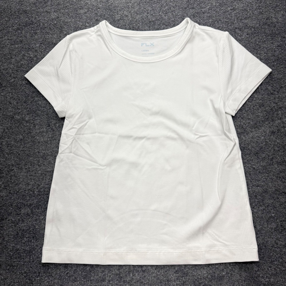 FLX Active Outdoor Modern White Ribbed Short Sleeve Tee Shirt Large 72867